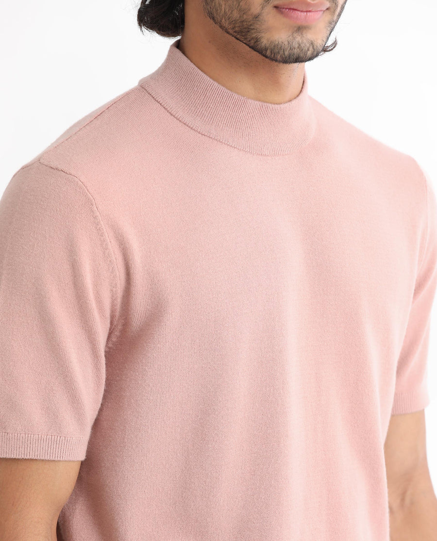 Rare Rabbit Men's Alfet Peach Viscose Plain Slim Fit Half Sleeve High Neck T-Shirt