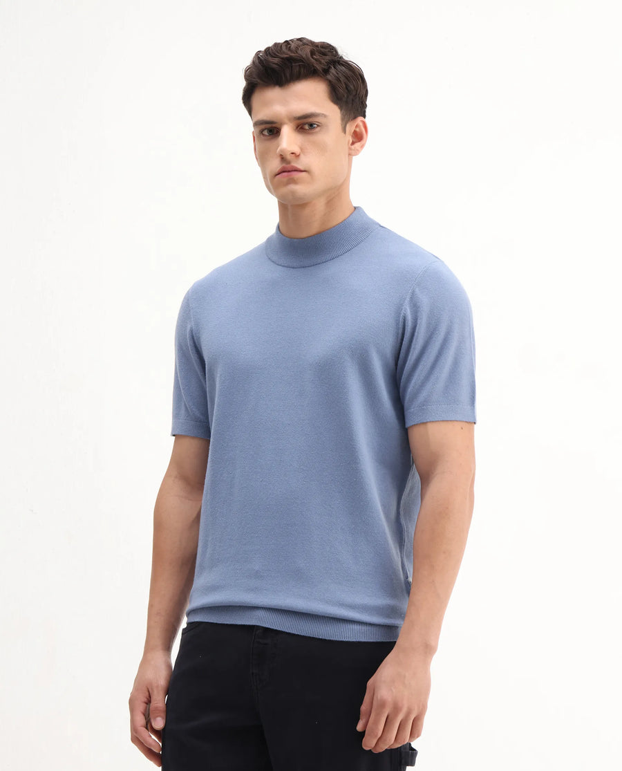 Rare Rabbit Men's Alfet-25 Dusky Blue Viscose Plain Regular Fit Half Sleeve High Neck T-Shirt