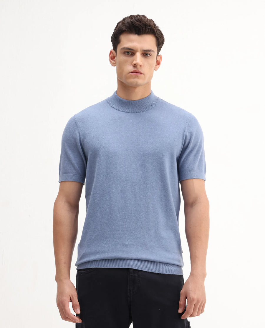 Rare Rabbit Men's Alfet-25 Dusky Blue Viscose Plain Regular Fit Half Sleeve High Neck T-Shirt