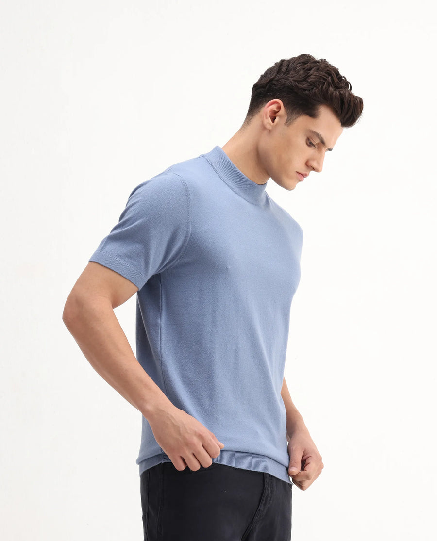 Rare Rabbit Men's Alfet-25 Dusky Blue Viscose Plain Regular Fit Half Sleeve High Neck T-Shirt