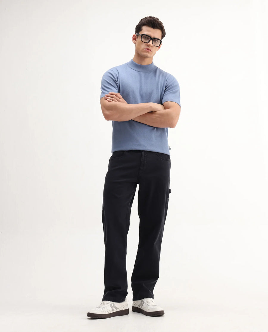 Rare Rabbit Men's Alfet-25 Dusky Blue Viscose Plain Regular Fit Half Sleeve High Neck T-Shirt