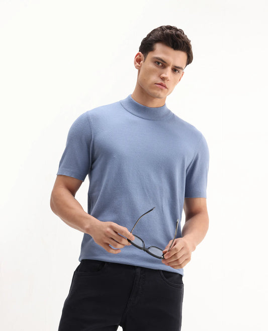 Rare Rabbit Men's Alfet-25 Dusky Blue Viscose Plain Regular Fit Half Sleeve High Neck T-Shirt