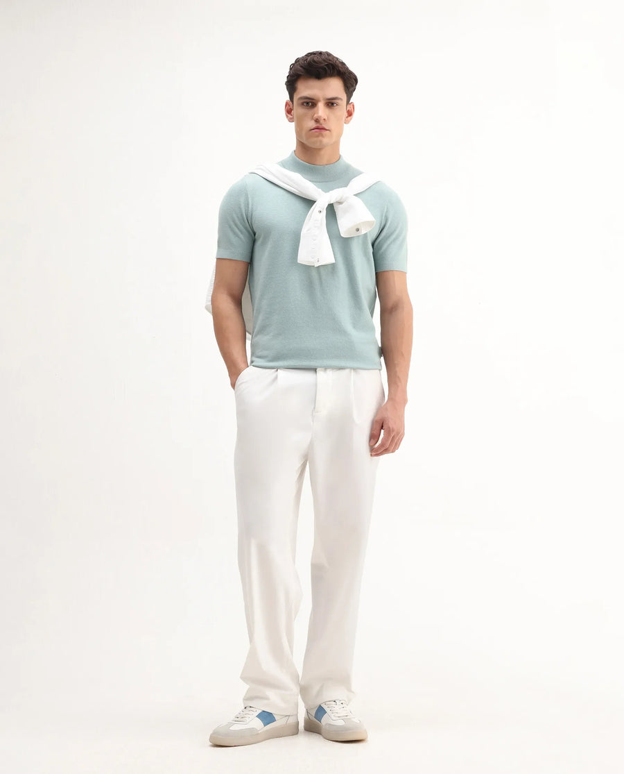 Rare Rabbit Men's Alfet-25 Dusky Green Viscose Plain Regular Fit Half Sleeve High Neck T-Shirt