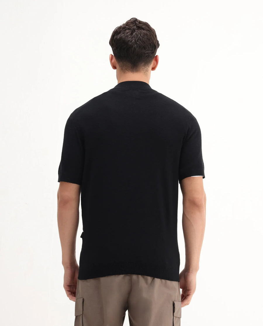 Rare Rabbit Men's Alfeto-25 Black Viscose Plain Regular Fit Half Sleeve High Neck Polo