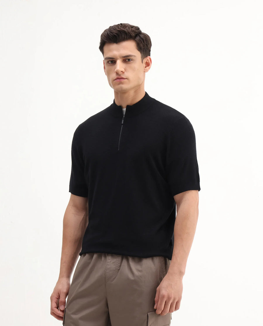 Rare Rabbit Men's Alfeto-25 Black Viscose Plain Regular Fit Half Sleeve High Neck Polo