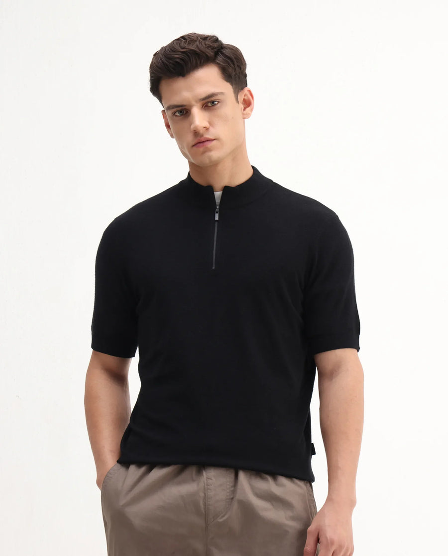 Rare Rabbit Men's Alfeto-25 Black Viscose Plain Regular Fit Half Sleeve High Neck Polo