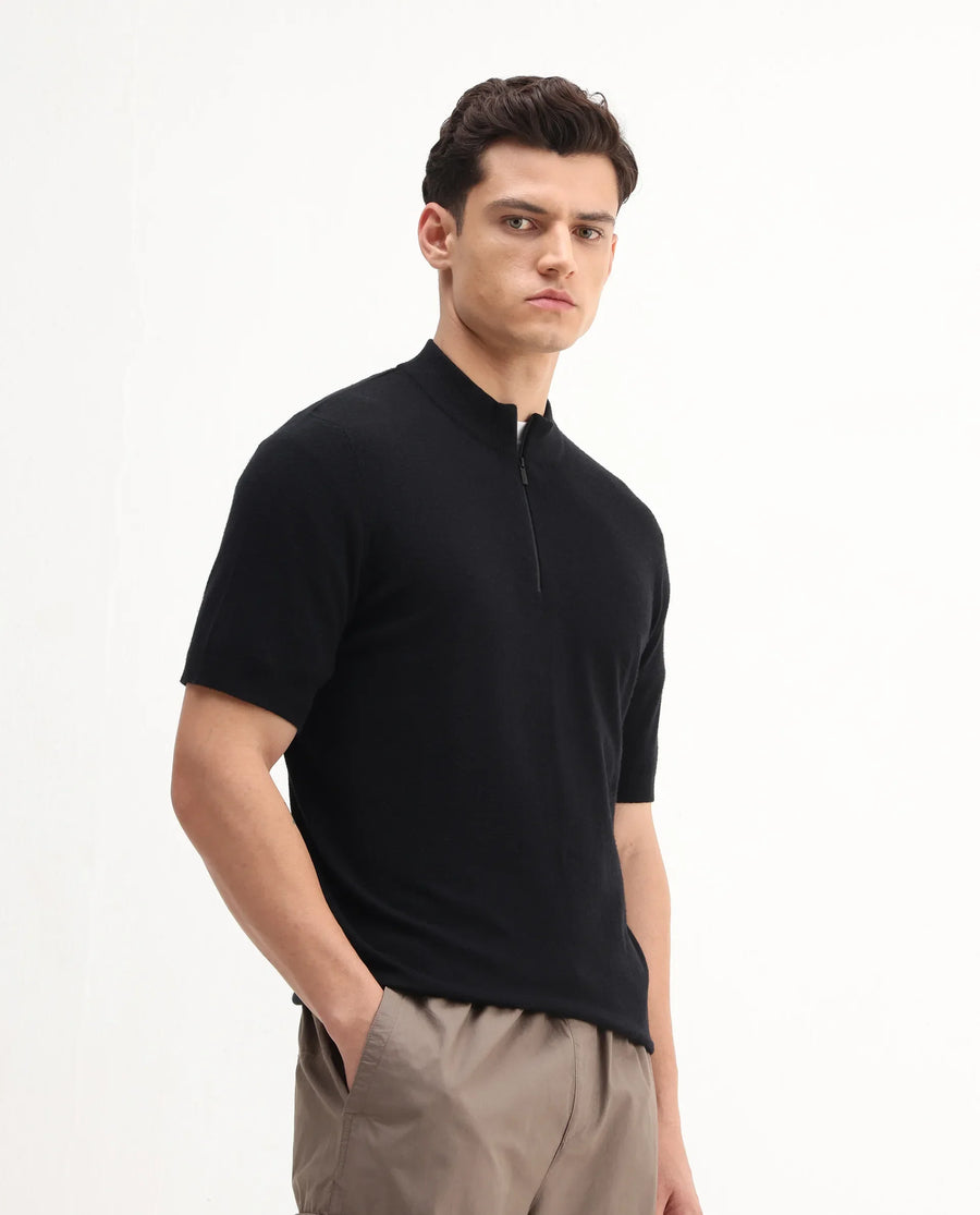 Rare Rabbit Men's Alfeto-25 Black Viscose Plain Regular Fit Half Sleeve High Neck Polo