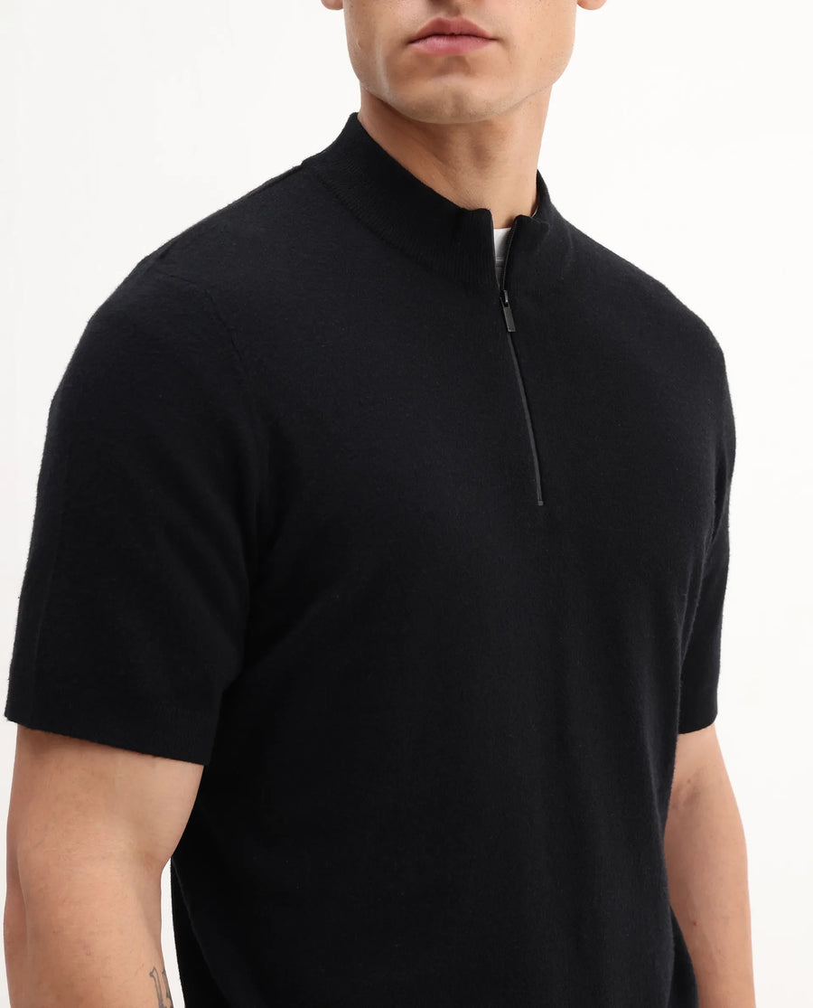 Rare Rabbit Men's Alfeto-25 Black Viscose Plain Regular Fit Half Sleeve High Neck Polo