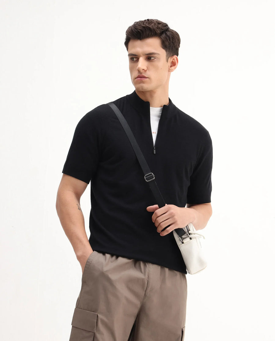 Rare Rabbit Men's Alfeto-25 Black Viscose Plain Regular Fit Half Sleeve High Neck Polo