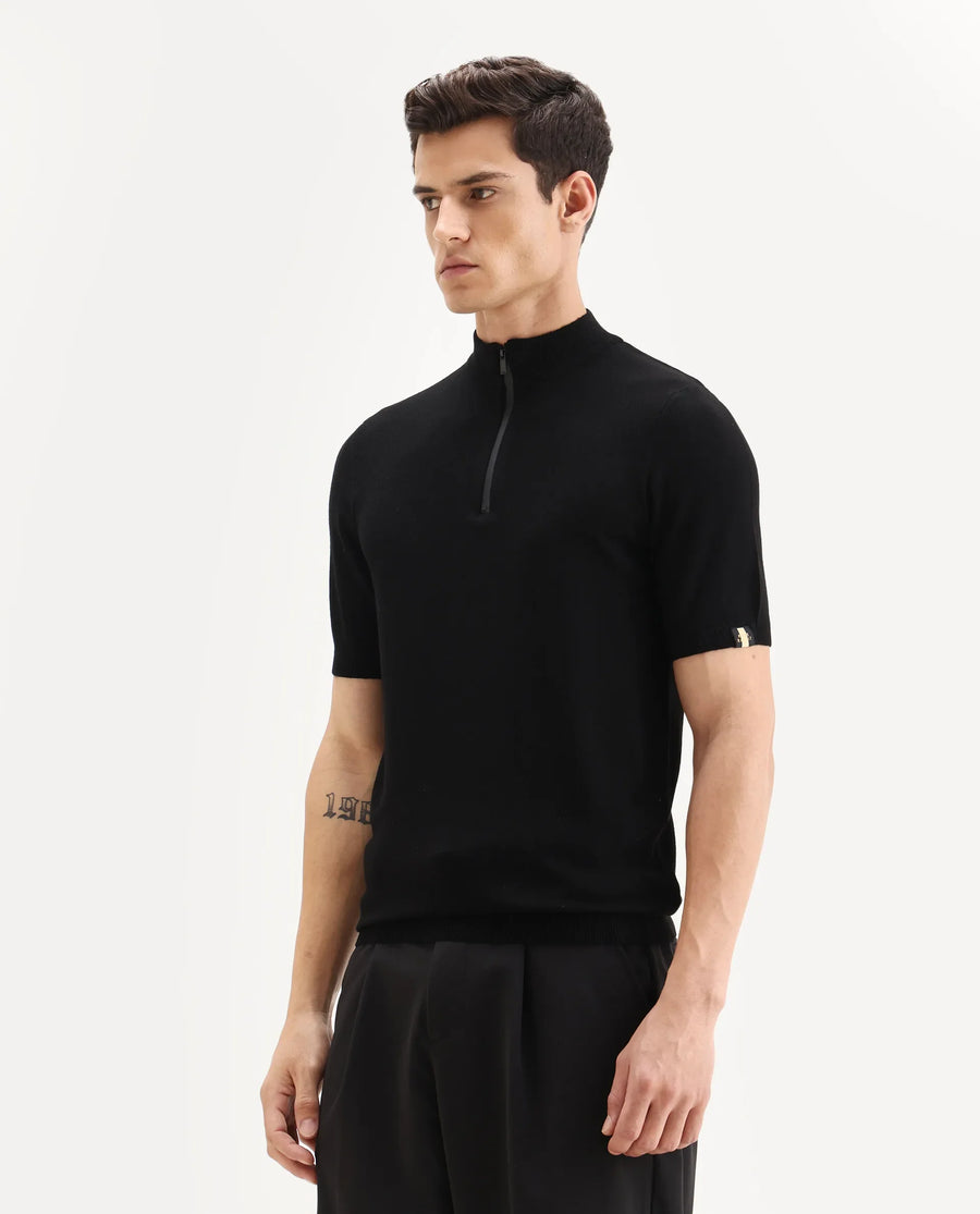 Rare Rabbit Men's Alfeto Black Viscose Plain Regular Fit Half Sleeve Polo