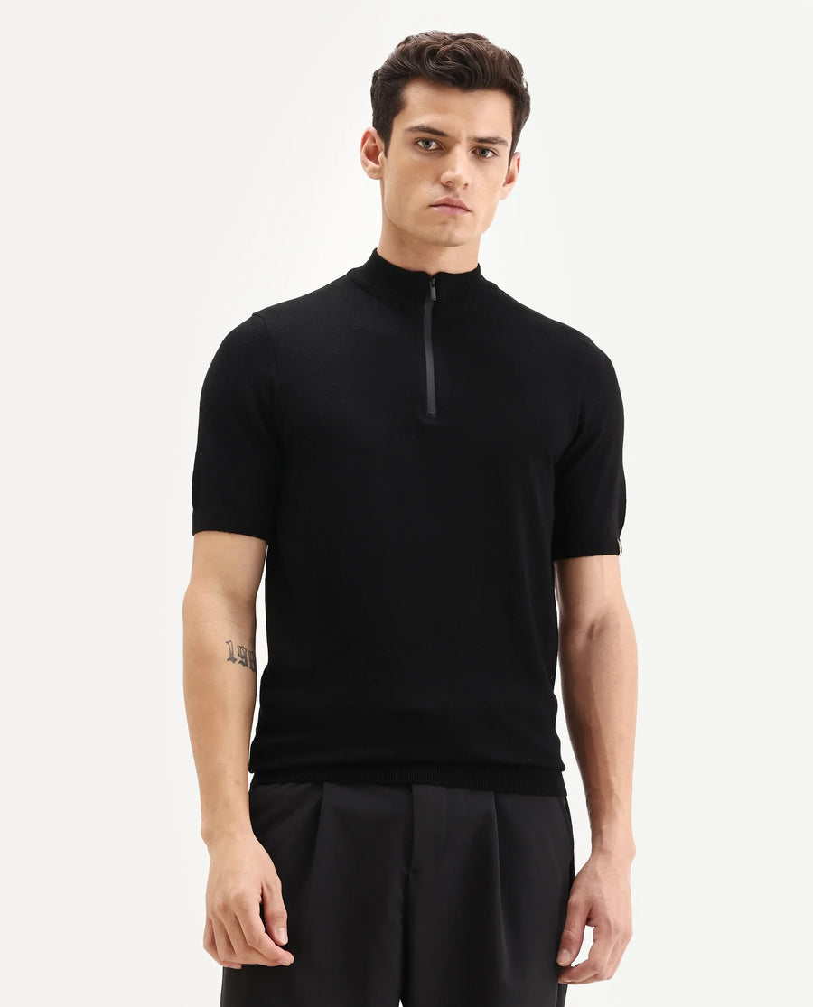 Rare Rabbit Men's Alfeto Black Viscose Plain Regular Fit Half Sleeve Polo