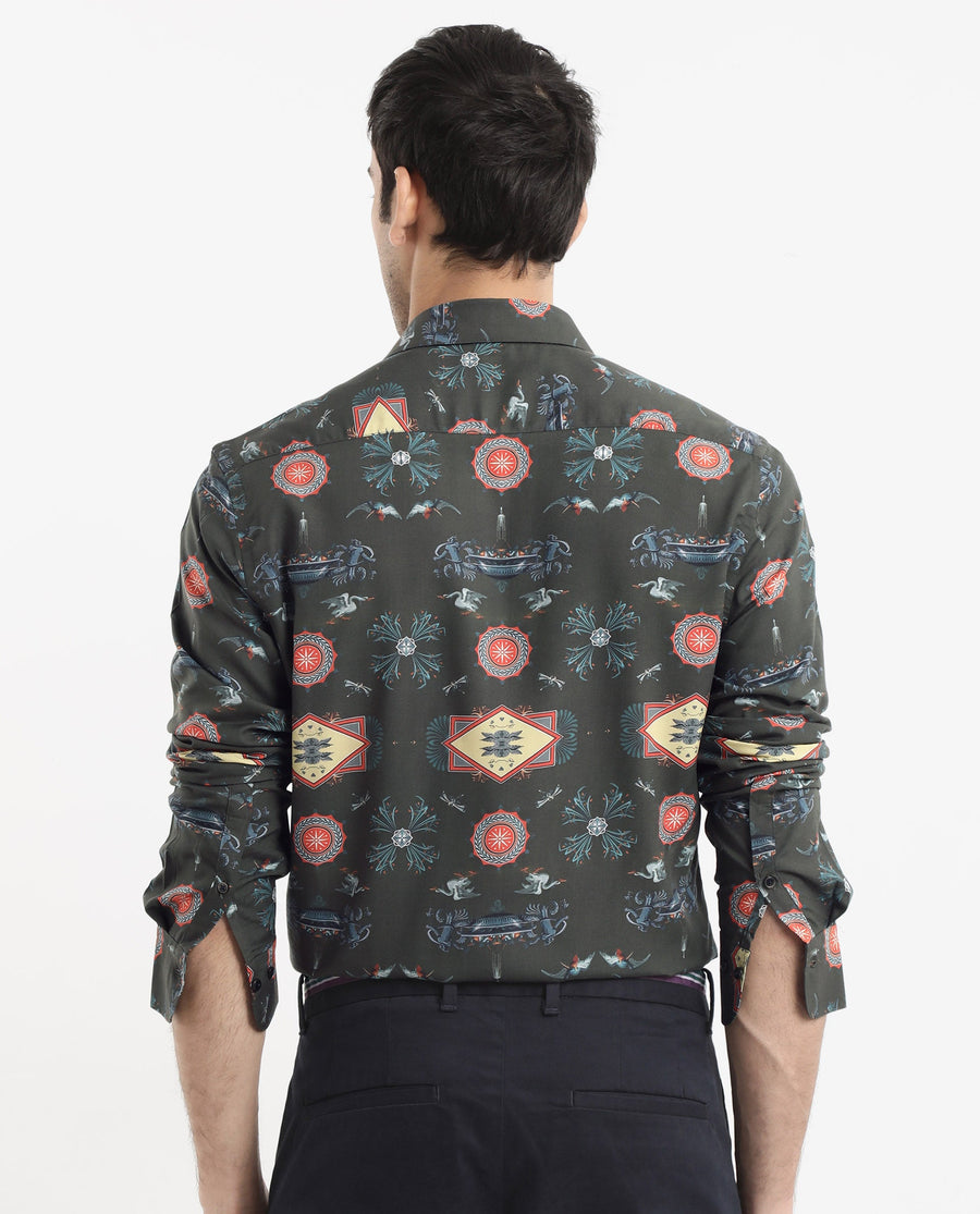 Rare Rabbit Men's Algol Dark Olive Viscose Decorative Print Regular Fit Full Sleeve Spread Collar Shirt