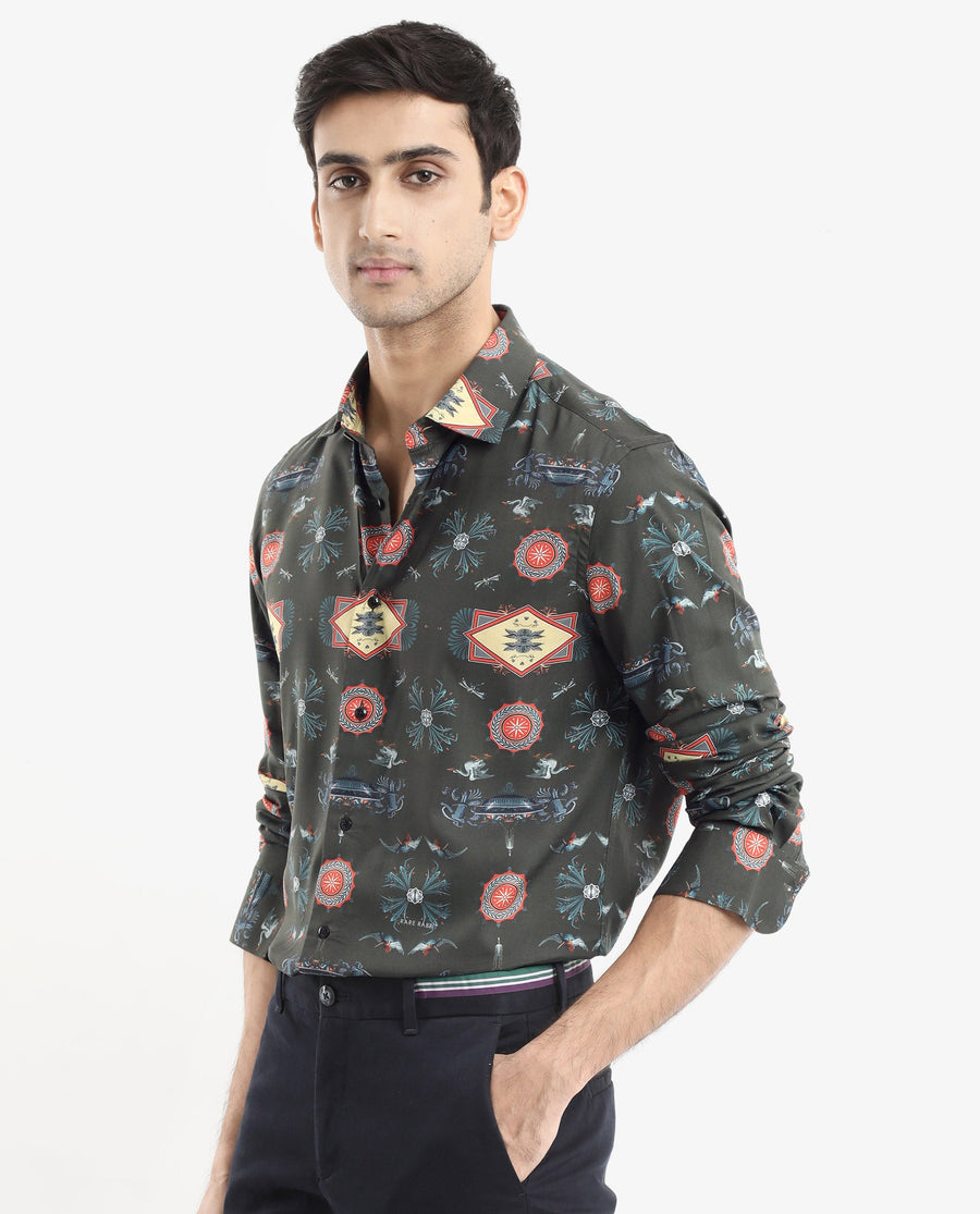 Rare Rabbit Men's Algol Dark Olive Viscose Decorative Print Regular Fit Full Sleeve Spread Collar Shirt