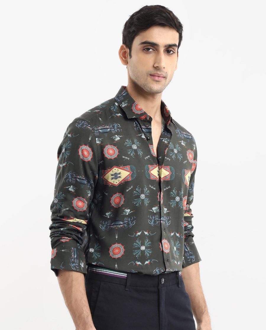 Rare Rabbit Men's Algol Dark Olive Viscose Decorative Print Regular Fit Full Sleeve Spread Collar Shirt