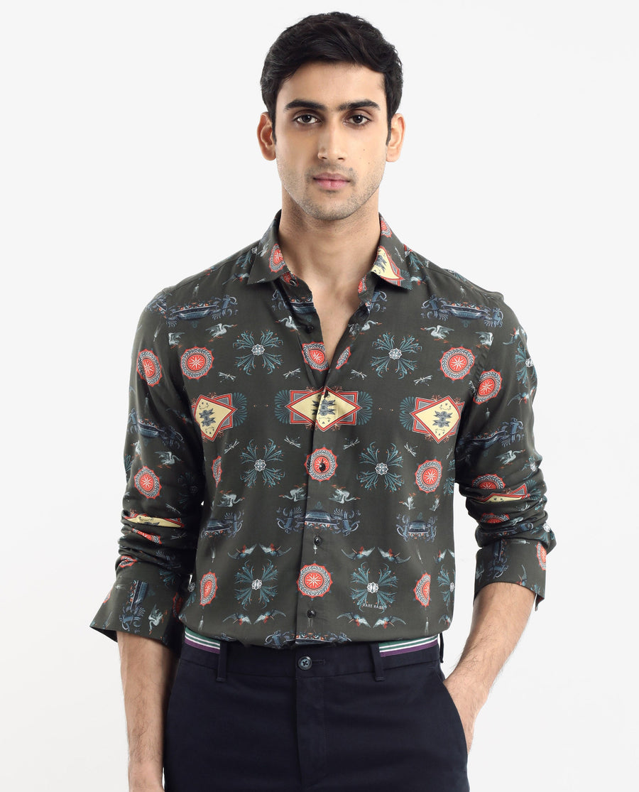 Rare Rabbit Men's Algol Dark Olive Viscose Decorative Print Regular Fit Full Sleeve Spread Collar Shirt