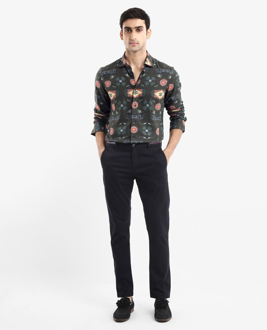 Rare Rabbit Men's Algol Dark Olive Viscose Decorative Print Regular Fit Full Sleeve Spread Collar Shirt