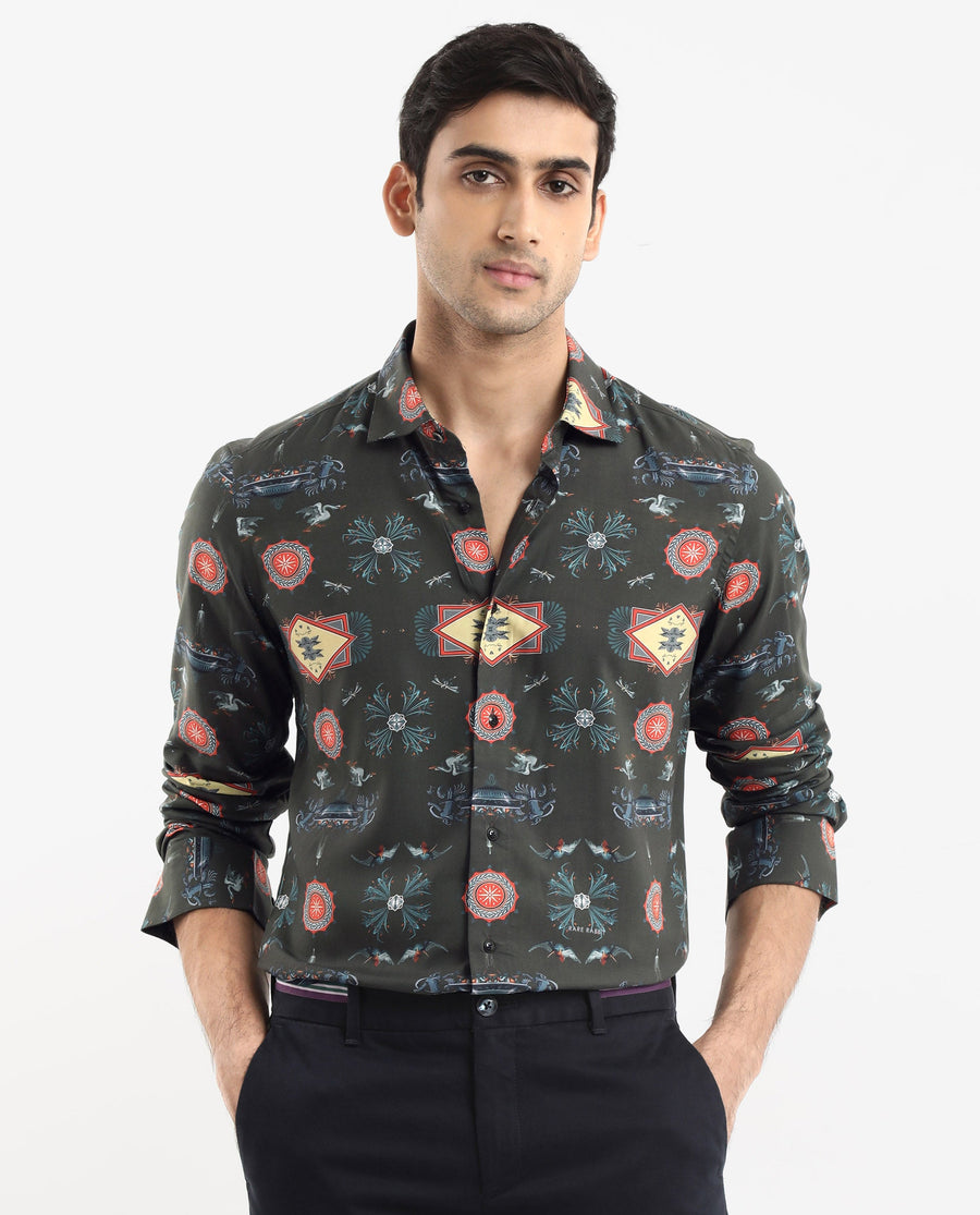 Rare Rabbit Men's Algol Dark Olive Viscose Decorative Print Regular Fit Full Sleeve Spread Collar Shirt