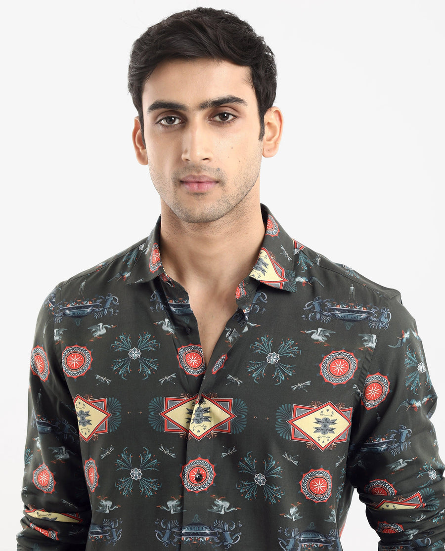 Rare Rabbit Men's Algol Dark Olive Viscose Decorative Print Regular Fit Full Sleeve Spread Collar Shirt