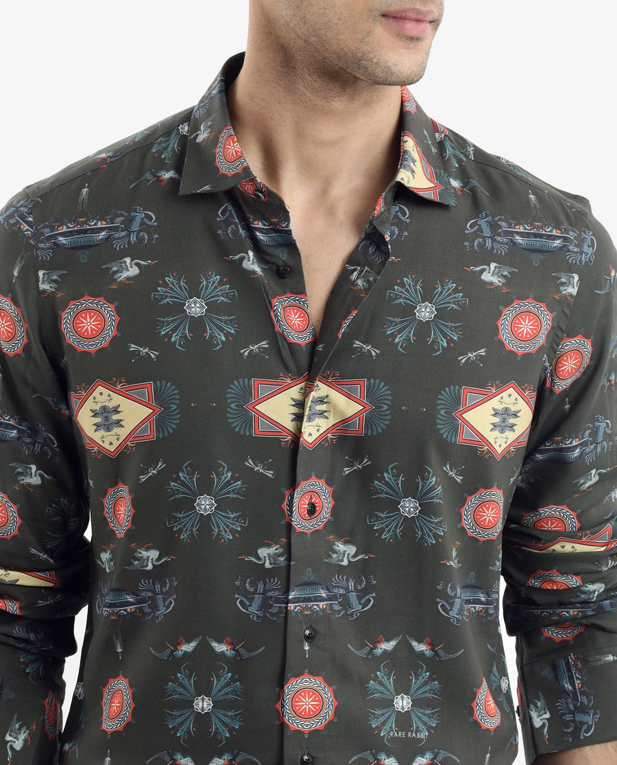 Rare Rabbit Men's Algol Dark Olive Viscose Decorative Print Regular Fit Full Sleeve Spread Collar Shirt