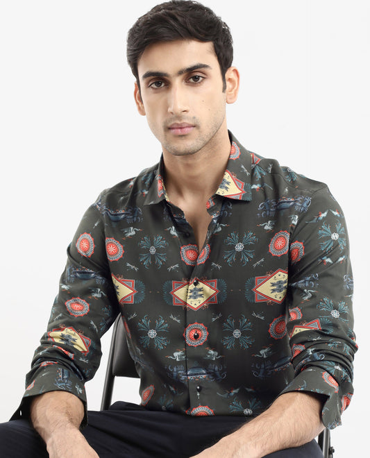 Rare Rabbit Men's Algol Dark Olive Viscose Decorative Print Regular Fit Full Sleeve Spread Collar Shirt