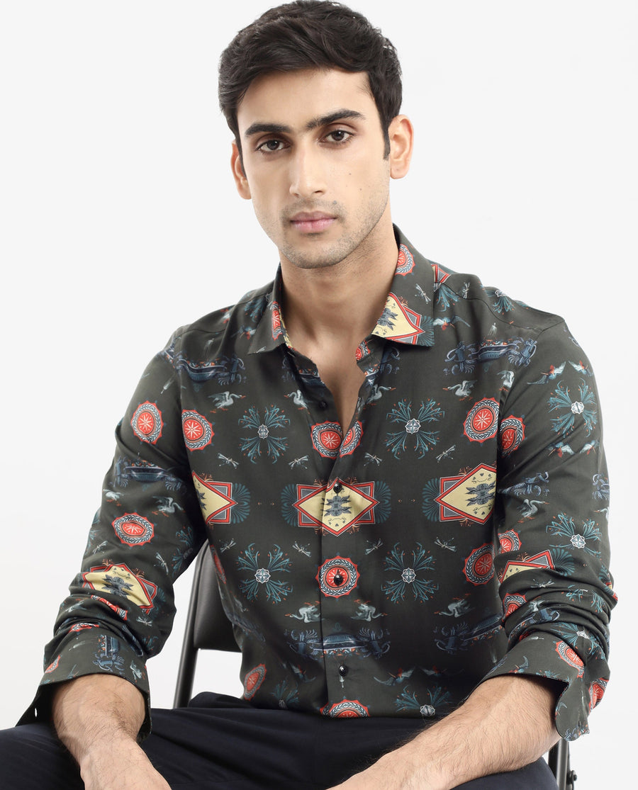 Rare Rabbit Men's Algol Dark Olive Viscose Decorative Print Regular Fit Full Sleeve Spread Collar Shirt