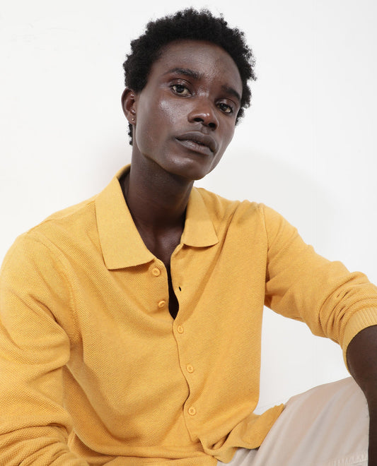 Rare Rabbit Men's Alias-N Dusky Yellow Cotton Plain Regular Fit Full Sleeve Collared Shirt