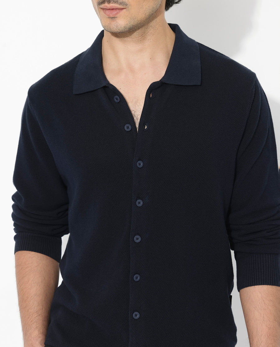 Rare Rabbit Men's Alias-N Navy Cotton Plain Regular Fit Full Sleeve Collared Shirt