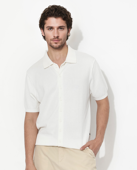 Rare Rabbit Men's Alias-N Ss Off White Cotton Plain Regular Fit Half Sleeve Collared Shirt