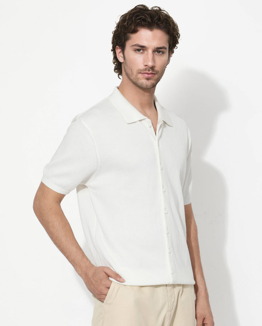 Rare Rabbit Men's Alias-N Ss Off White Cotton Plain Regular Fit Half Sleeve Collared Shirt