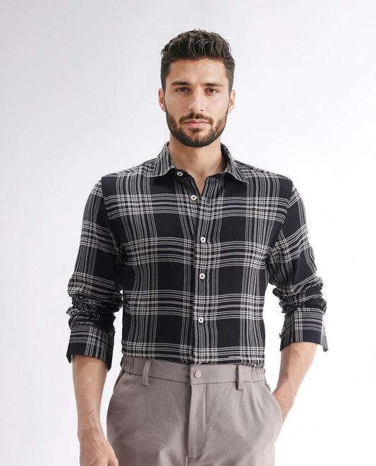 Rare Rabbit Men's Alls Black Cotton Checked Print Regular Fit Full Sleeve Collared Shirt