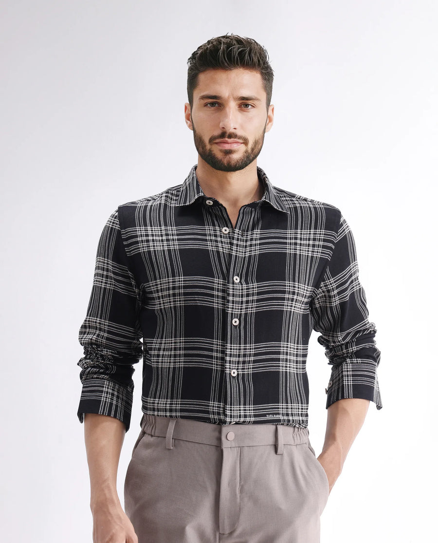 Rare Rabbit Men's Alls Black Cotton Checked Print Regular Fit Full Sleeve Collared Shirt