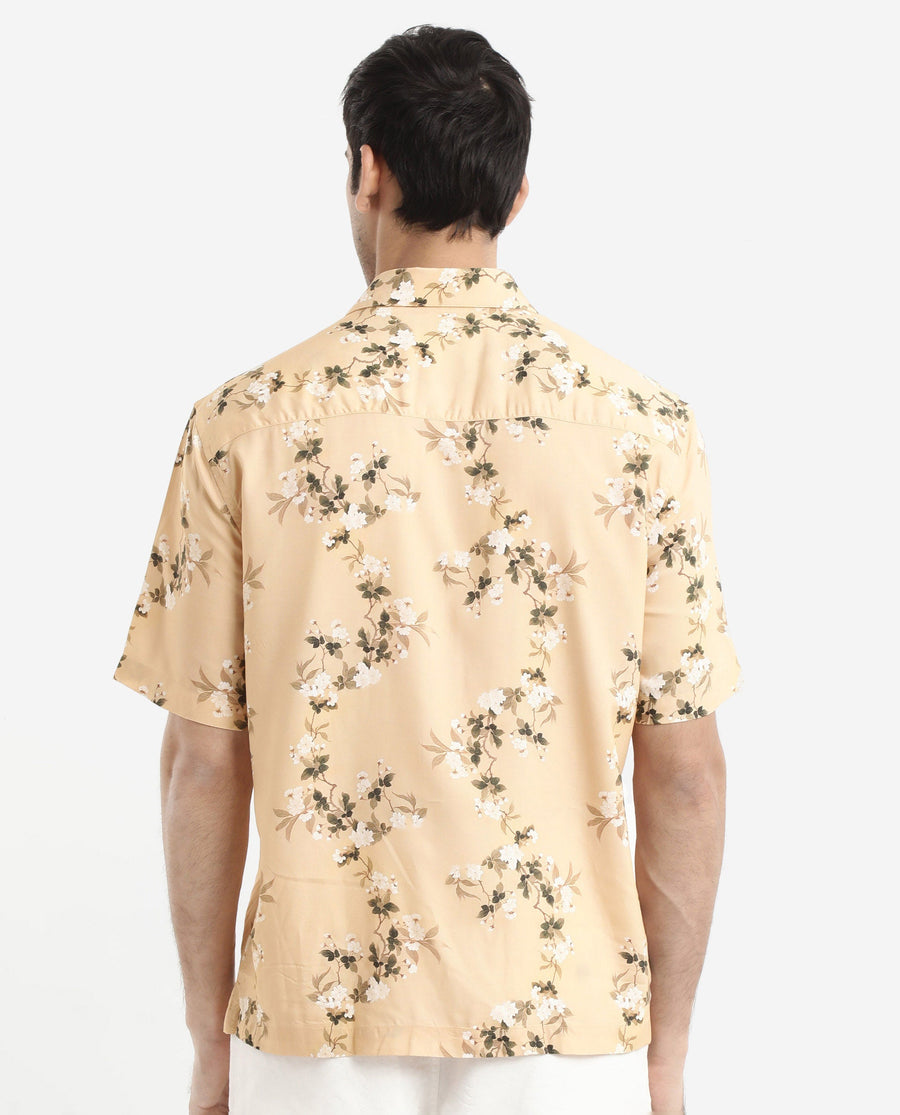 Rare Rabbit Men's Alpher Beige Viscose Floral Print Boxy Fit Half Sleeve Collared Shirt