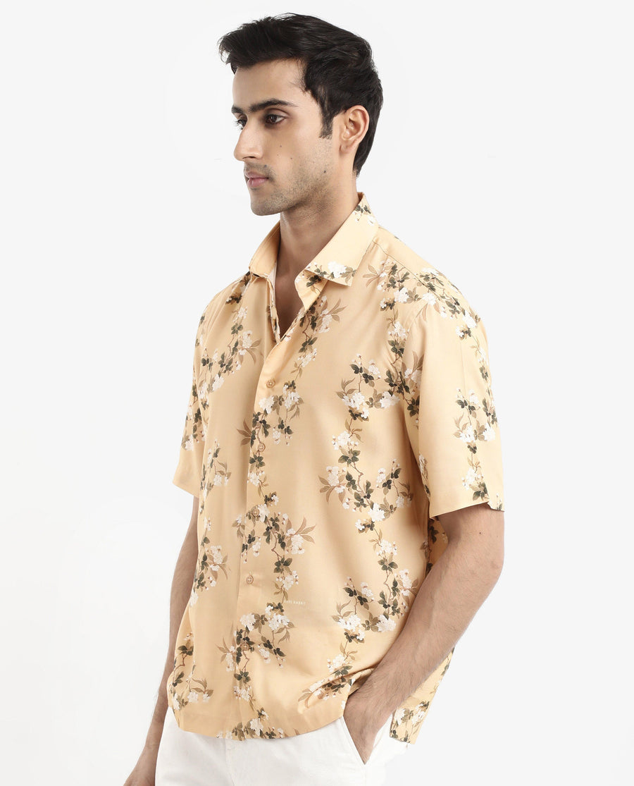 Rare Rabbit Men's Alpher Beige Viscose Floral Print Boxy Fit Half Sleeve Collared Shirt