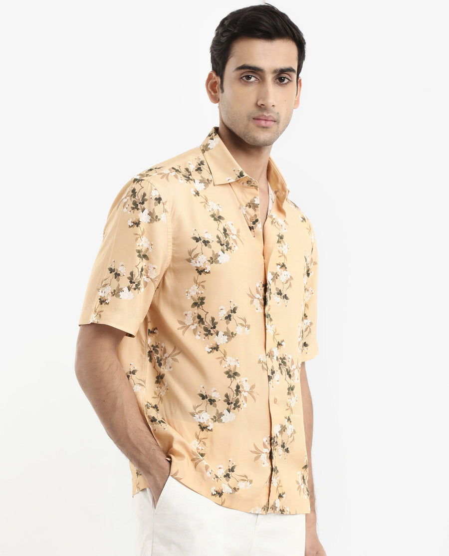 Rare Rabbit Men's Alpher Beige Viscose Floral Print Boxy Fit Half Sleeve Collared Shirt