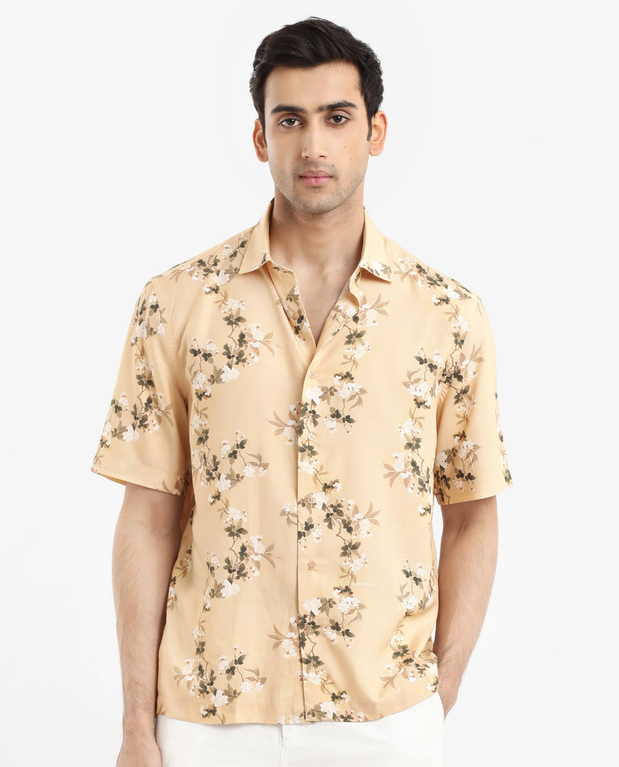 Rare Rabbit Men's Alpher Beige Viscose Floral Print Boxy Fit Half Sleeve Collared Shirt
