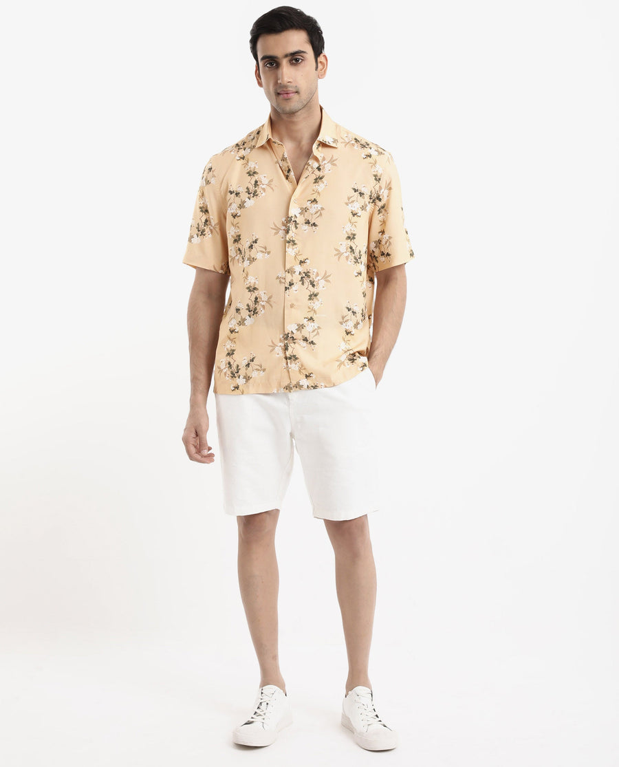Rare Rabbit Men's Alpher Beige Viscose Floral Print Boxy Fit Half Sleeve Collared Shirt