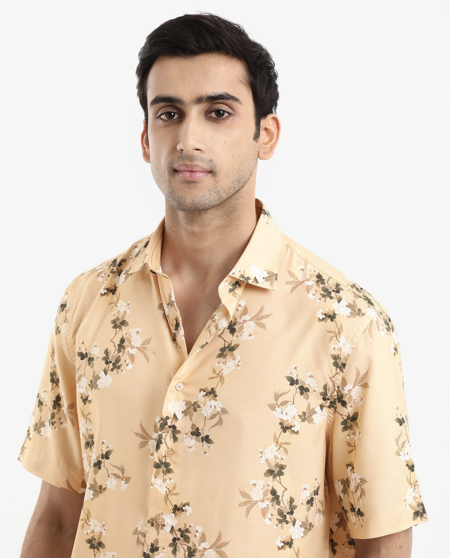 Rare Rabbit Men's Alpher Beige Viscose Floral Print Boxy Fit Half Sleeve Collared Shirt