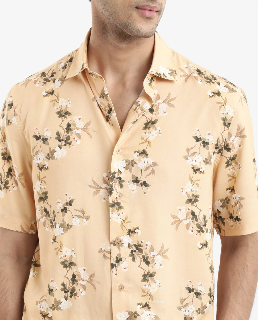 Rare Rabbit Men's Alpher Beige Viscose Floral Print Boxy Fit Half Sleeve Collared Shirt