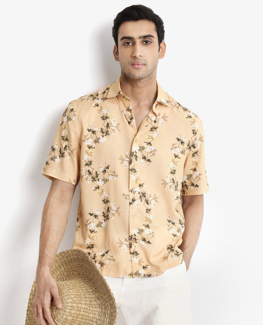 Rare Rabbit Men's Alpher Beige Viscose Floral Print Boxy Fit Half Sleeve Collared Shirt