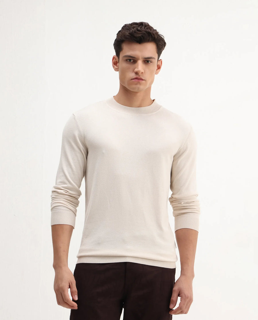 Rare Rabbit Men's Alva Off White Viscose Plain Regular Fit Full Sleeve High Neck Sweater