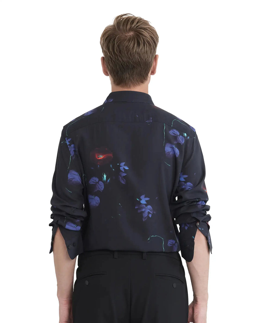 Rare Rabbit Men's Alvata Black Viscose Floral Print Regular Fit Full Sleeve Collared Shirt