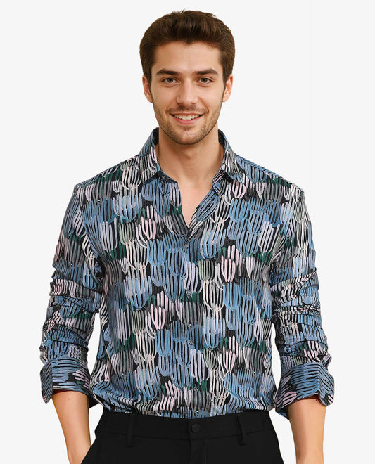 Rare Rabbit Men's Alvin Black Viscose Abstract Print Regular Fit Full Sleeve Collared Shirt
