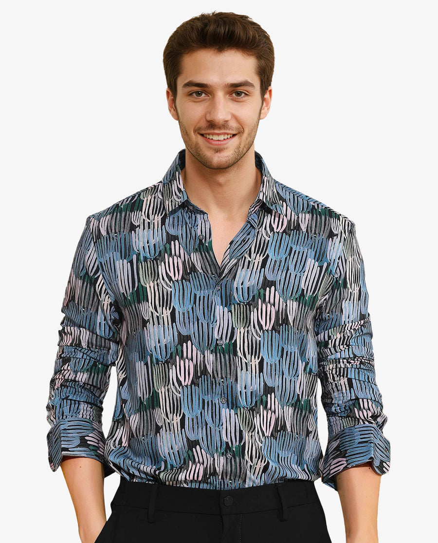 Rare Rabbit Men's Alvin Black Viscose Abstract Print Regular Fit Full Sleeve Collared Shirt