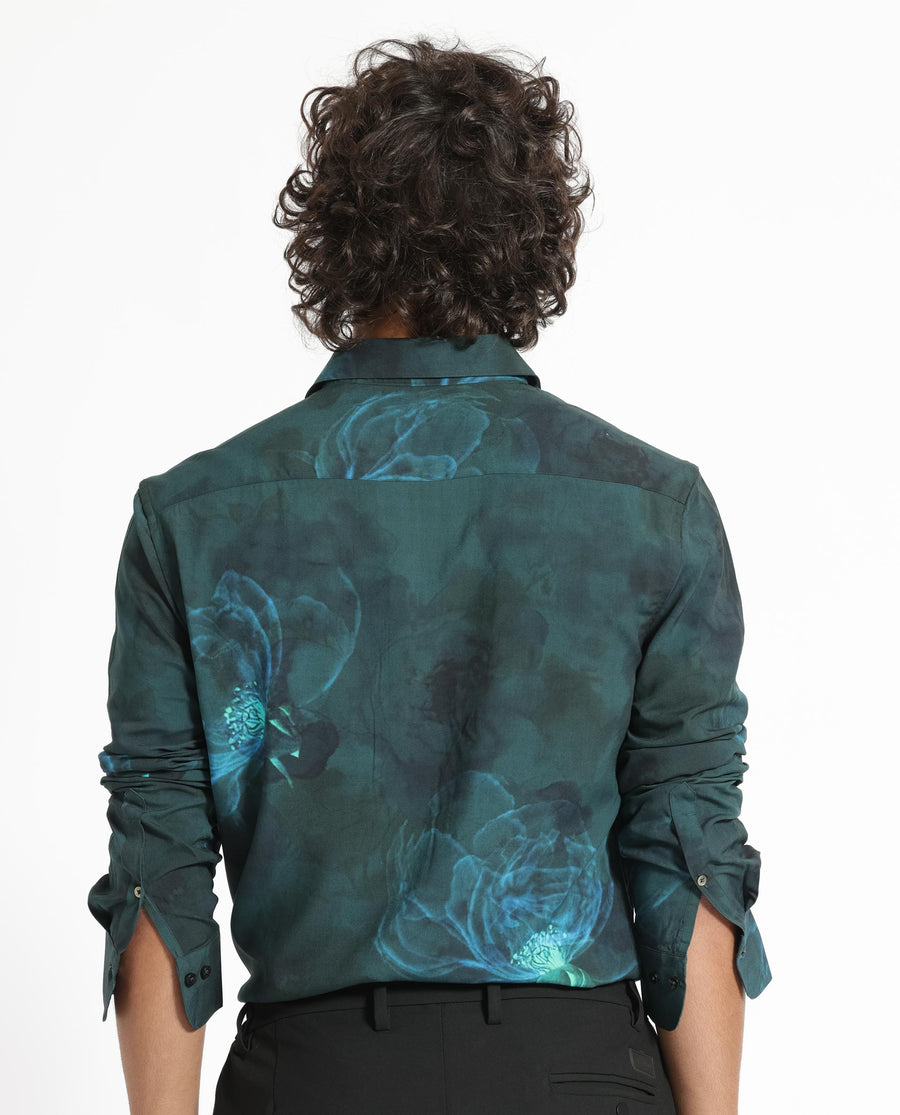 Rare Rabbit Men's Alwick Dark Green Viscose Floral Print Regular Fit Full Sleeve Collared Shirt