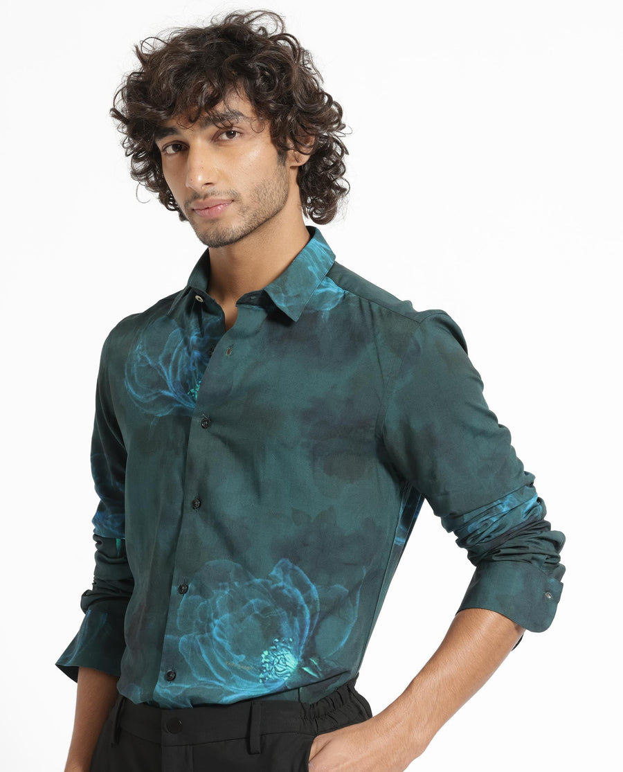 Rare Rabbit Men's Alwick Dark Green Viscose Floral Print Regular Fit Full Sleeve Collared Shirt