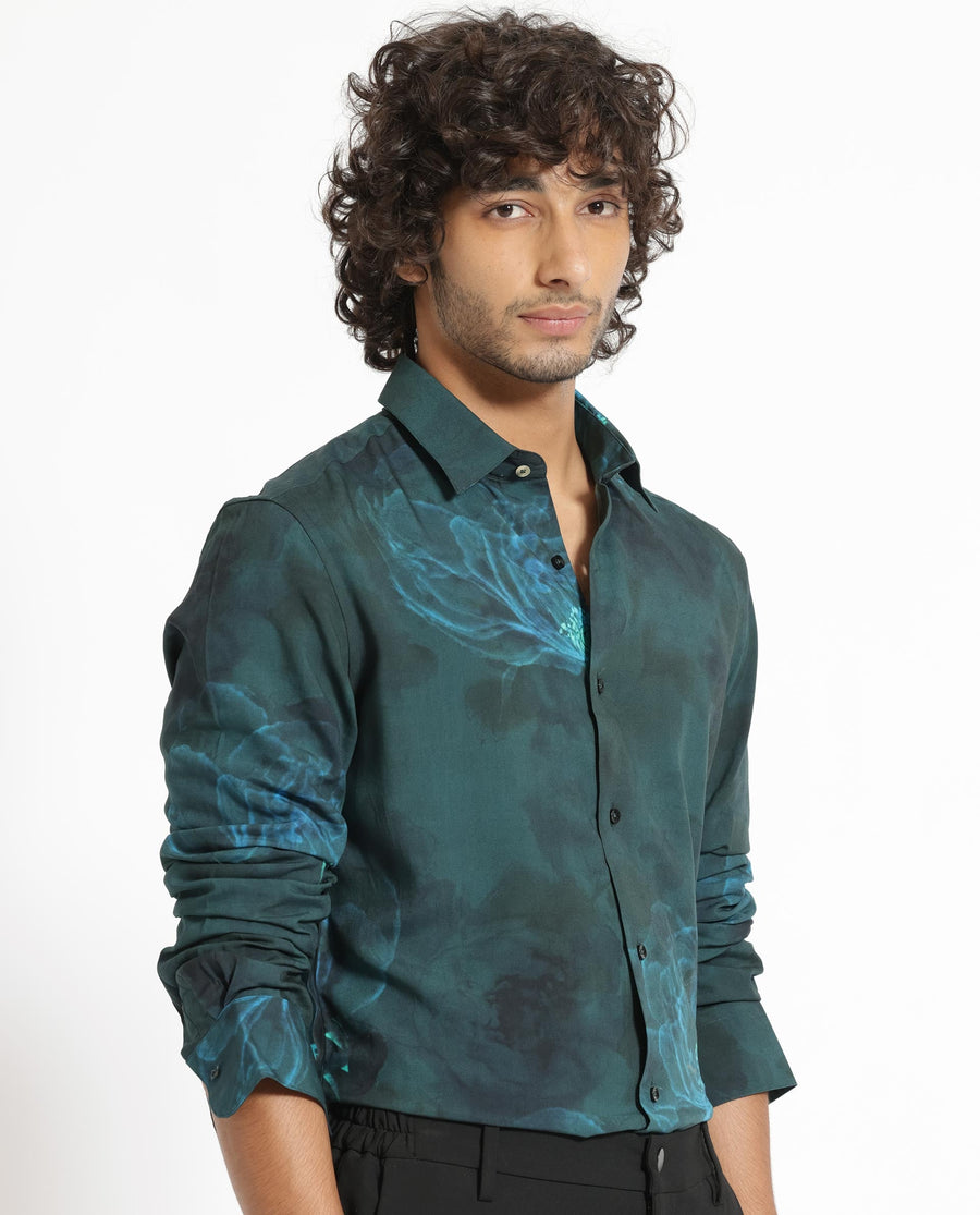 Rare Rabbit Men's Alwick Dark Green Viscose Floral Print Regular Fit Full Sleeve Collared Shirt
