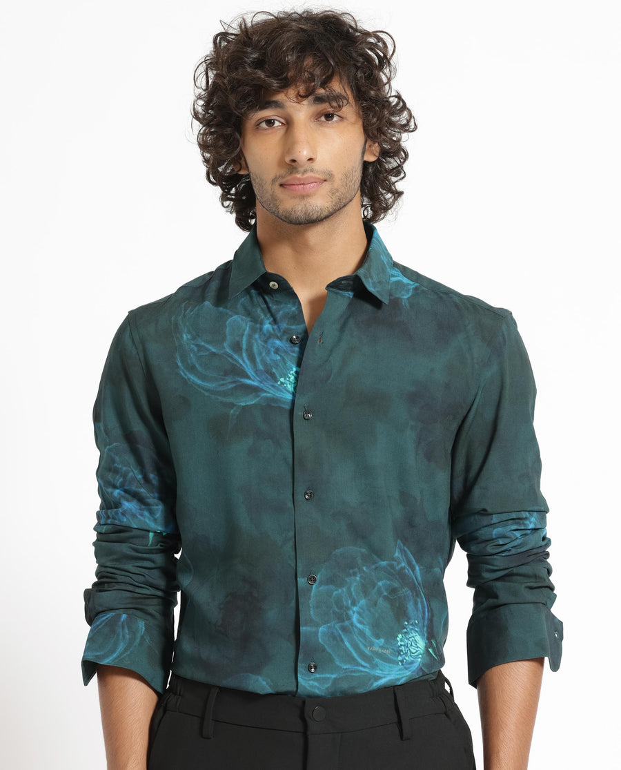 Rare Rabbit Men's Alwick Dark Green Viscose Floral Print Regular Fit Full Sleeve Collared Shirt