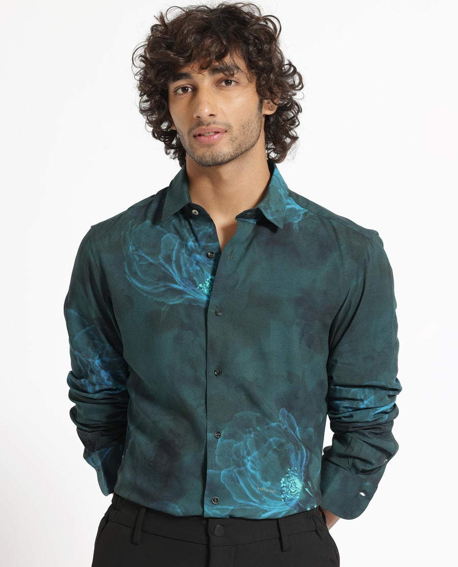 Rare Rabbit Men's Alwick Dark Green Viscose Floral Print Regular Fit Full Sleeve Collared Shirt
