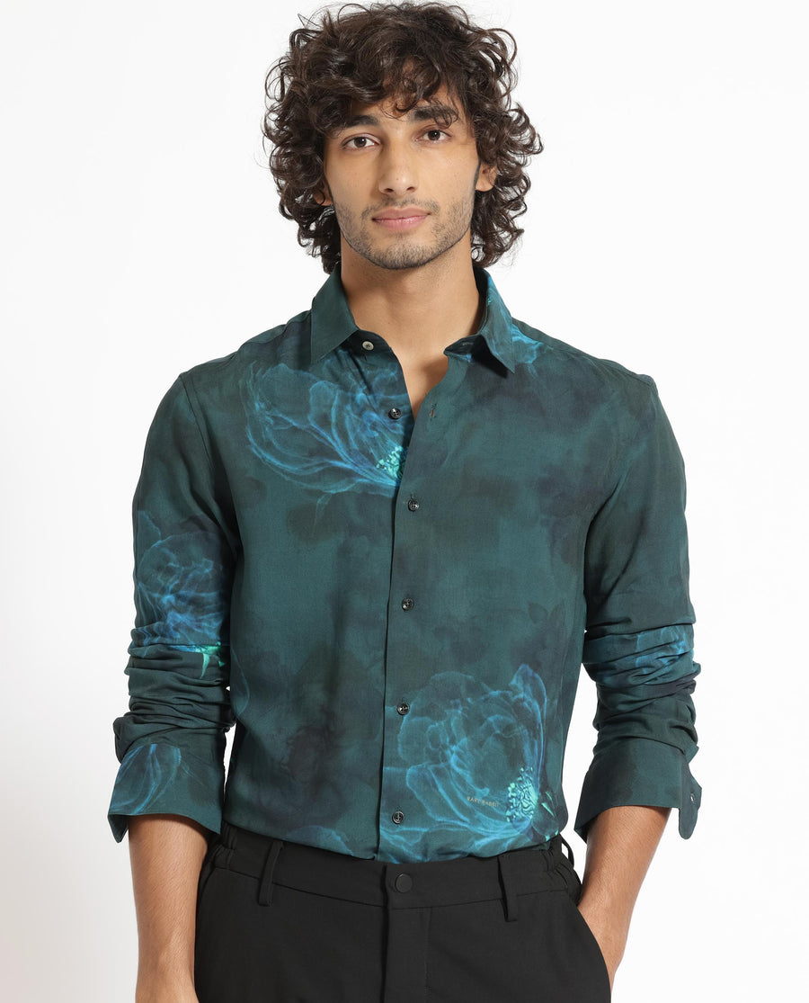 Rare Rabbit Men's Alwick Dark Green Viscose Floral Print Regular Fit Full Sleeve Collared Shirt