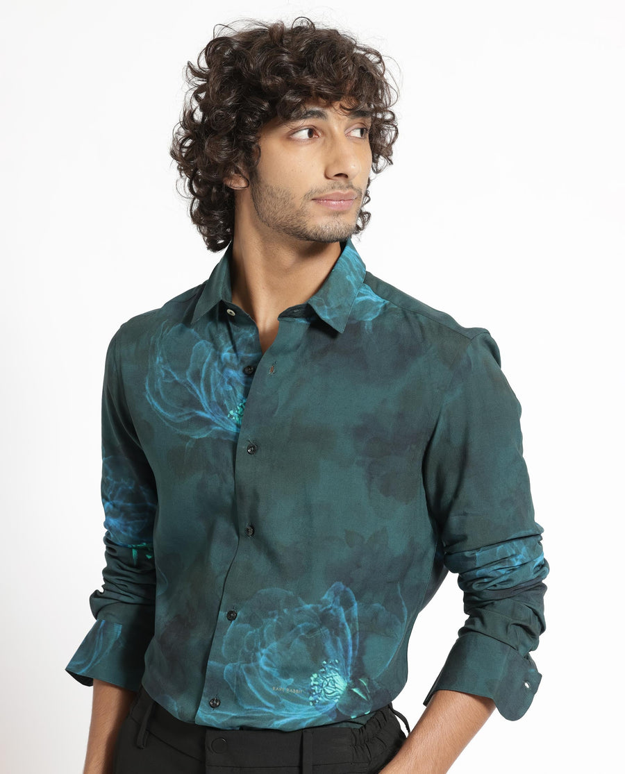 Rare Rabbit Men's Alwick Dark Green Viscose Floral Print Regular Fit Full Sleeve Collared Shirt